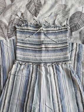 Linen Blue and White Striped Smocked Jumpsuit with Bow Tie